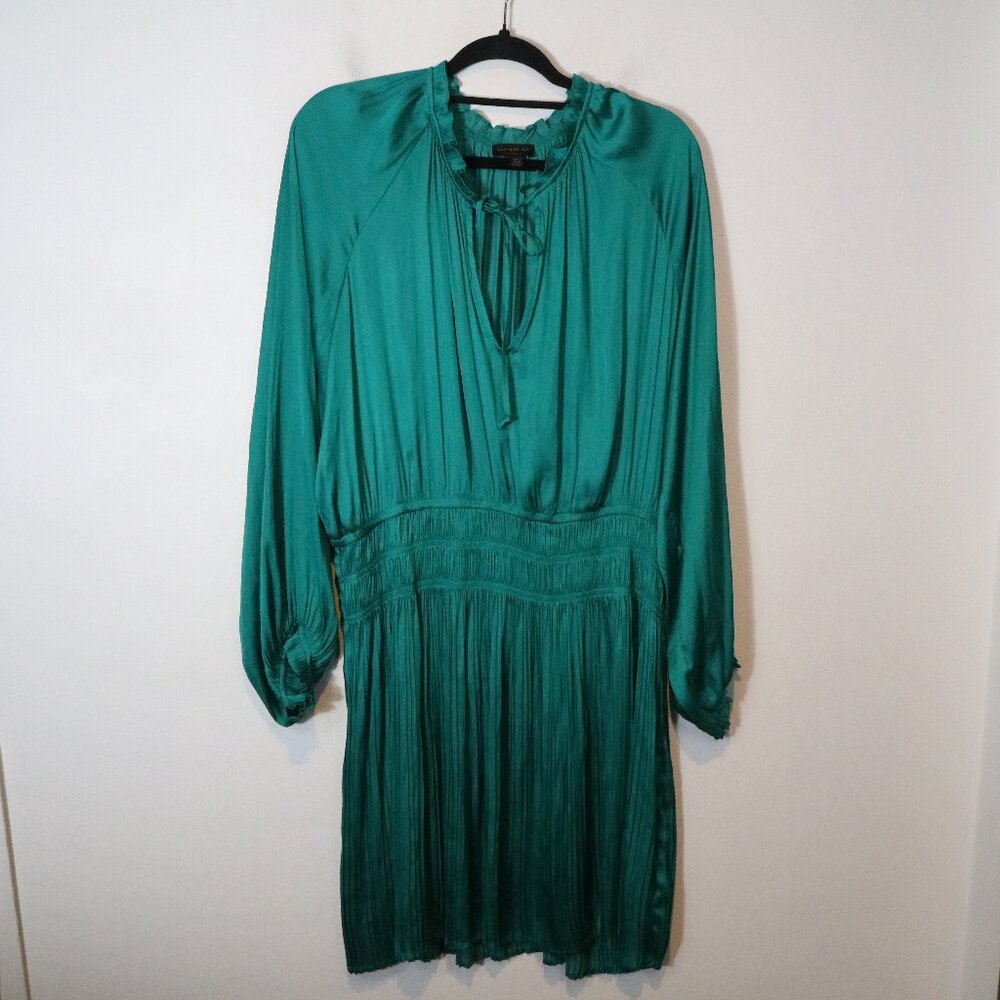 Current Air Anthropologie Pleated Tiered Drop Waist Satin Mini Dress XL Teal - Picture 2 of 8